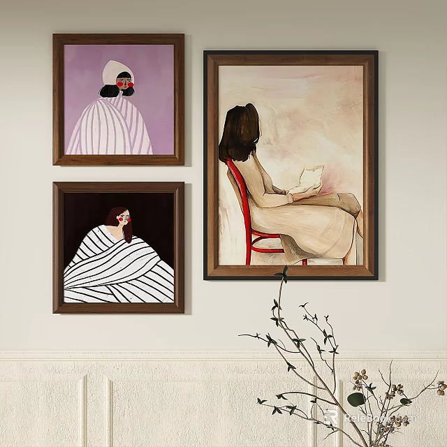Abstract Framed Figurative Paintings Wall Decor With Purple Red Striped Elements 3d model