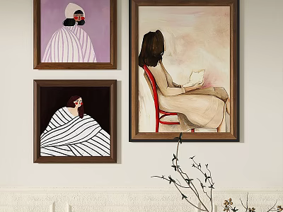 Abstract Framed Figurative Paintings Wall Decor With Purple Red Striped Elements 3d model