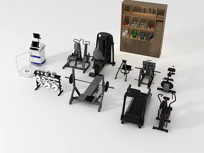 Variety of Fitness Equipment Including Treadmill Dumbbells Fitness Bench Strength Training Machines And Exercise Bike 3d model