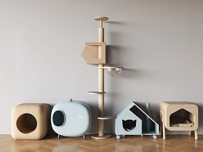 Modern Wooden Cat Tree Design with Platforms Scratching Post and Cat Houses 3d model