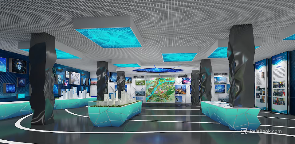 Modern Exhibition Hall Interior With Geometric Display Counters City Models And Blue Ceiling Lights 3d model