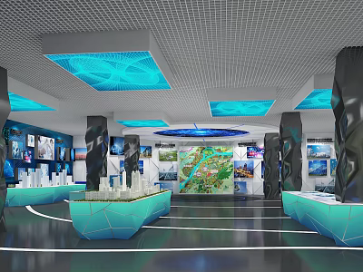Modern Exhibition Hall Interior With Geometric Display Counters City Models And Blue Ceiling Lights 3d model