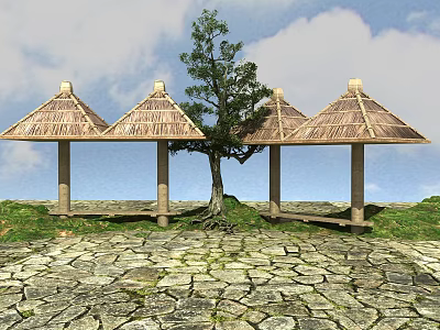 Scenic Thatched Pavilions With Central Big Tree And Stone Path Under Blue Sky 3d model