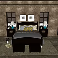 Double Bed with Dark Wooden Headboard Gray Bedspread Pillows Blue Lamps Decorative Paintings and Footstool
