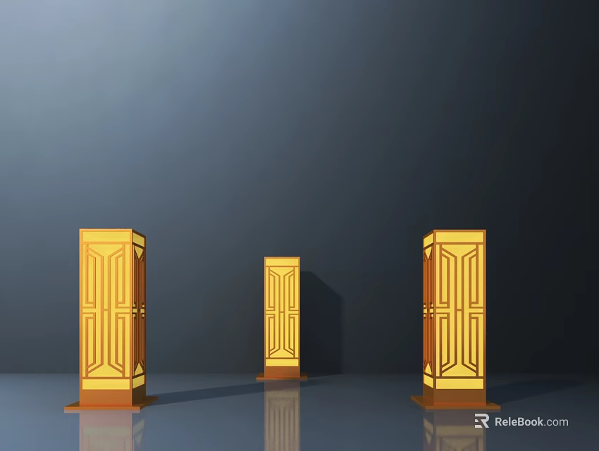 Three Golden Square Outdoor Lights With Wooden Base And Hollowed Patterns For Garden 3d model 