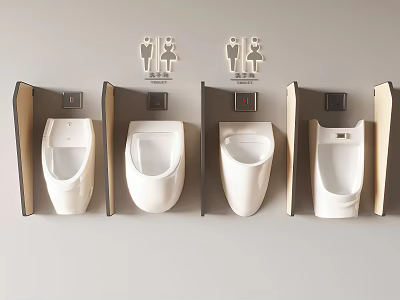 Four White Urinals With Partitions In Public Restroom With Restroom Signs 3d model