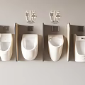Four White Urinals With Partitions In Public Restroom With Restroom Signs