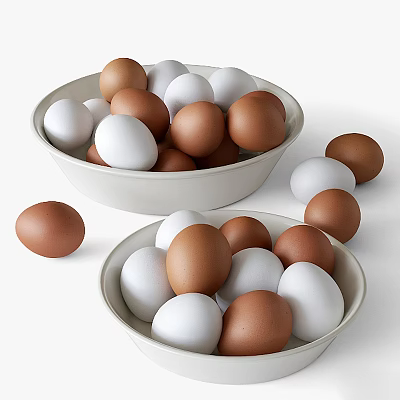 Two Bowls of White and Brown Eggs with Scattered Ones on Surface 3d model