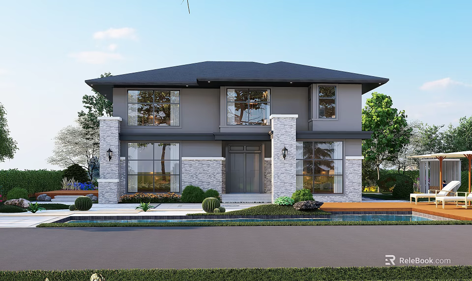 Modern Detached House Exterior With Two Story Design Large Windows And Stone Accents 3d model 
