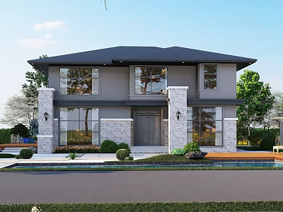 Modern Detached House Exterior With Two Story Design Large Windows And Stone Accents 3d model