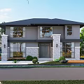 Modern Detached House Exterior With Two Story Design Large Windows And Stone Accents