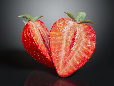 Fresh Strawberry Cut into Two Halves with Green Leaves on Dark Background with Glossy Surface 3d model