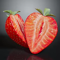 Fresh Strawberry Cut into Two Halves with Green Leaves on Dark Background with Glossy Surface