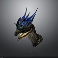 Mythical Dragon Head Sculpture With Vibrant Blue Green Horns And Open Mouth