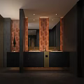Elegant Modern Public Restroom Interior With Marble Countertops Large Mirrors And Dark Tile Walls