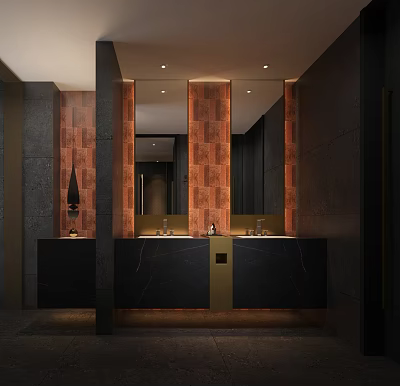 Elegant Modern Public Restroom Interior With Marble Countertops Large Mirrors And Dark Tile Walls 3d model