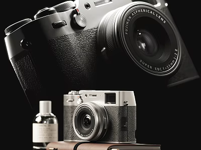 Modern And Vintage Digital Cameras With Black Leather Body Silver Design And Accessories 3d model