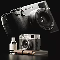 Modern And Vintage Digital Cameras With Black Leather Body Silver Design And Accessories