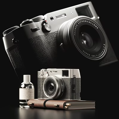 Modern And Vintage Digital Cameras With Black Leather Body Silver Design And Accessories 3d model