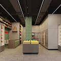 Supermarket Interior Featuring Product Shelves Refrigerated Display Cases Green Tiled Walls And Central Counter