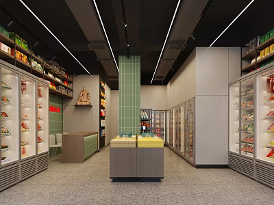 Supermarket Interior Featuring Product Shelves Refrigerated Display Cases Green Tiled Walls And Central Counter 3d model