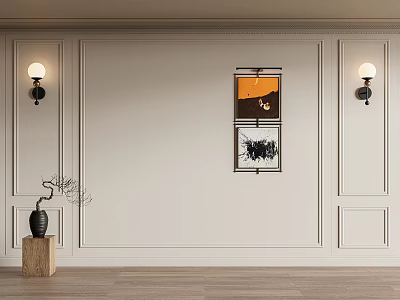 Elegant Wainscoting Wall With Wall Sconces Framed Artwork And Wooden Floor 3d model