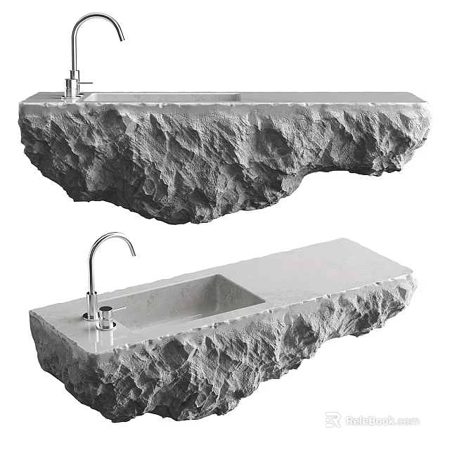 Natural Stone Washbasin Interior Design With Natural Rock Texture And Faucet 3d model 