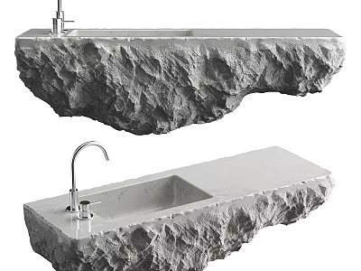 Natural Stone Washbasin Interior Design With Natural Rock Texture And Faucet 3d model