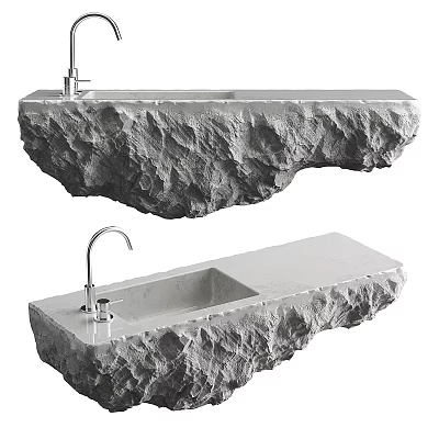 Natural Stone Washbasin Interior Design With Natural Rock Texture And Faucet 3d model