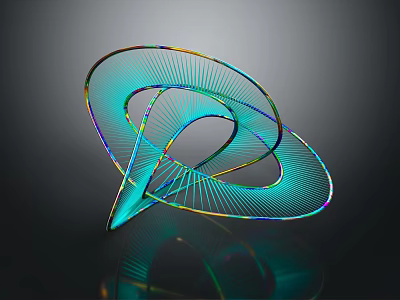 Iridescent Spiral Wireframe Sculpture With Reflective Surface And Abstract Design On Dark Background 3d model