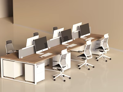 Modern Office Desks With Wooden Top Dividers White Chairs And Computer Monitors 3d model