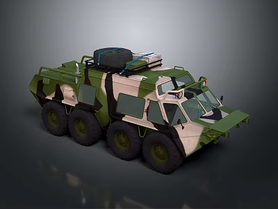 Camouflage Painted Six Wheel Military Vehicle With Roof Mounted Equipment And Rugged Design 3d model