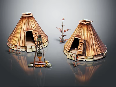 Two Cone Shaped Wooden Huts With Lantern Small Tree And Stones 3d model