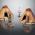 Two Cone Shaped Wooden Huts With Lantern Small Tree And Stones 3d model
