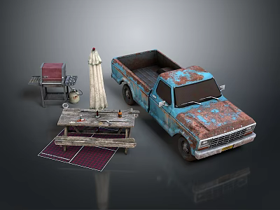Rusty Vintage Truck With Outdoor Grill Wooden Table And Rug Setup 3d model