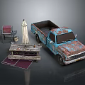 Rusty Vintage Truck With Outdoor Grill Wooden Table And Rug Setup
