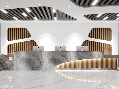 Modern Reception Desk With Marble Top Wooden Accents And Three Desktop Computers 3d model