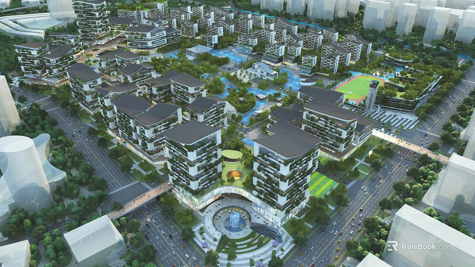 Aerial View Urban Planning with Modern Buildings Green Spaces and Water Features 3d model 