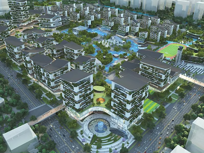 Aerial View Urban Planning with Modern Buildings Green Spaces and Water Features 3d model