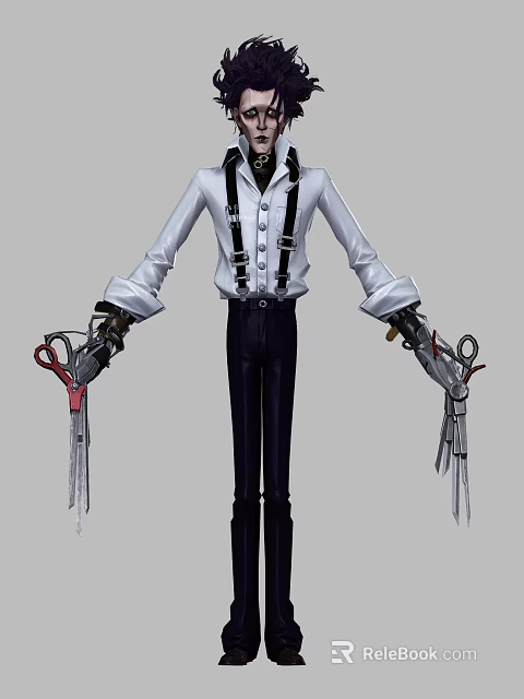 Game Movie Character In White Shirt Black Suspenders With Mechanical Arms Holding Scissors 3d model 