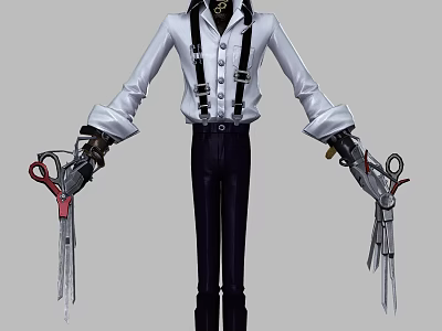 Game Movie Character In White Shirt Black Suspenders With Mechanical Arms Holding Scissors 3d model