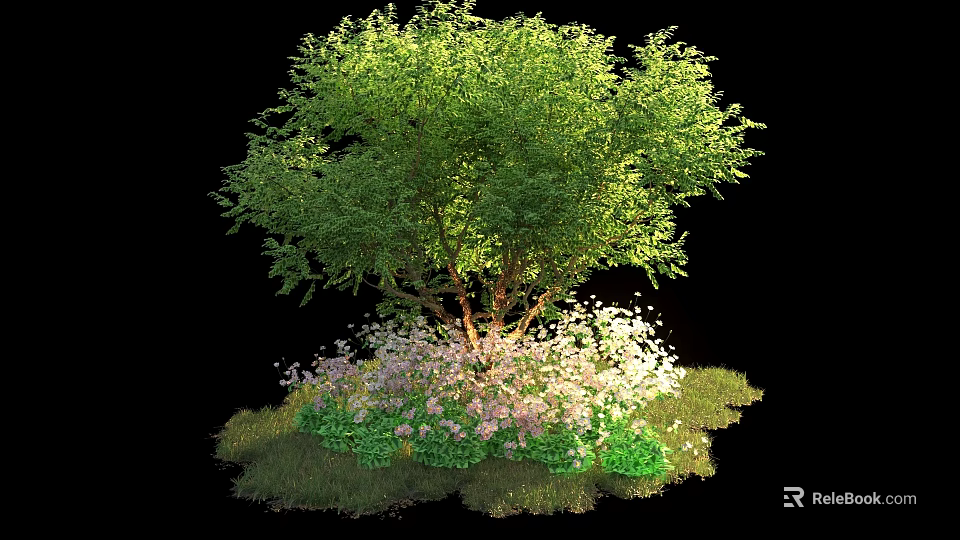 Shrub With Lush Green Leaves Purple White Flowers And Green Grass 3d model 