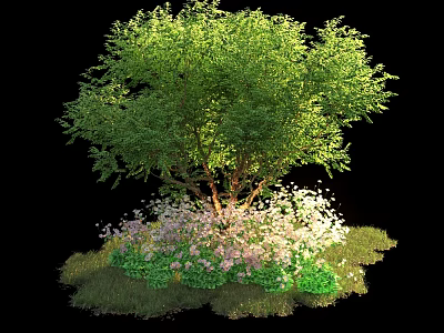 Shrub With Lush Green Leaves Purple White Flowers And Green Grass 3d model