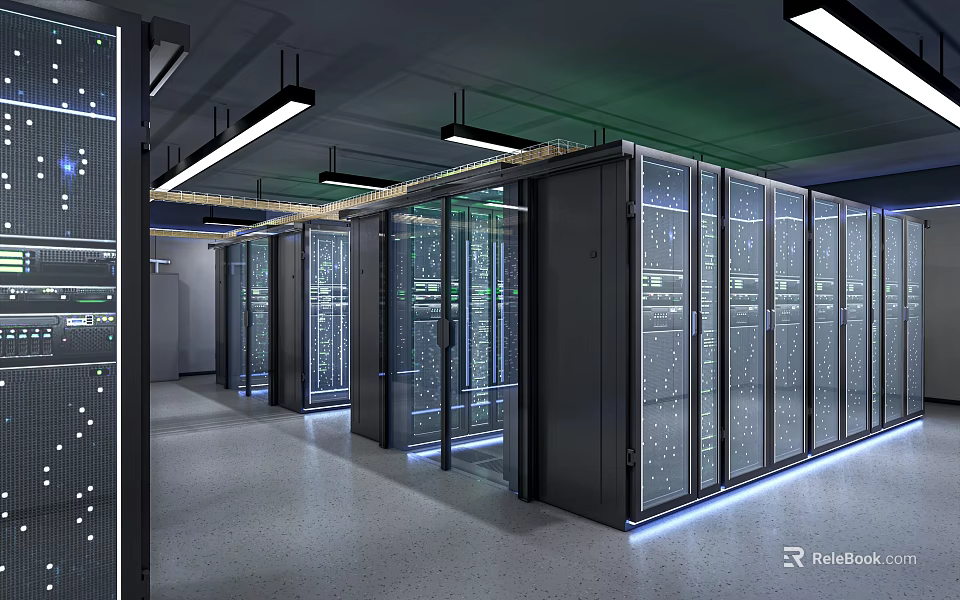 Intelligent Machines In Data Center Server Room With Racks Lighting And Corridor 3d model 