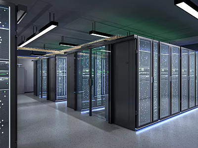 Intelligent Machines In Data Center Server Room With Racks Lighting And Corridor 3d model