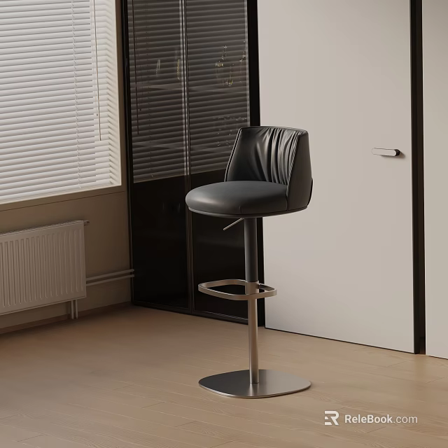 Black Leather Bar Stool In Room With Blinds Door Radiator And Light Colored Floor 3d model 