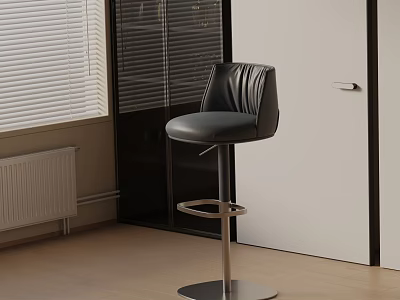 Black Leather Bar Stool In Room With Blinds Door Radiator And Light Colored Floor 3d model