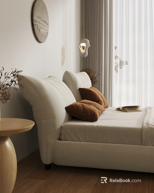Modern Bedroom Interior With White Headboard Brown Cushions Lamp Side Table And Curtains 3d model 