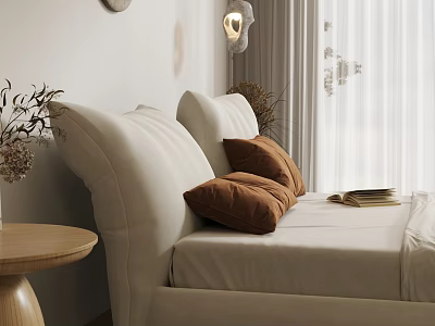 Modern Bedroom Interior With White Headboard Brown Cushions Lamp Side Table And Curtains 3d model