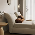 Modern Bedroom Interior With White Headboard Brown Cushions Lamp Side Table And Curtains